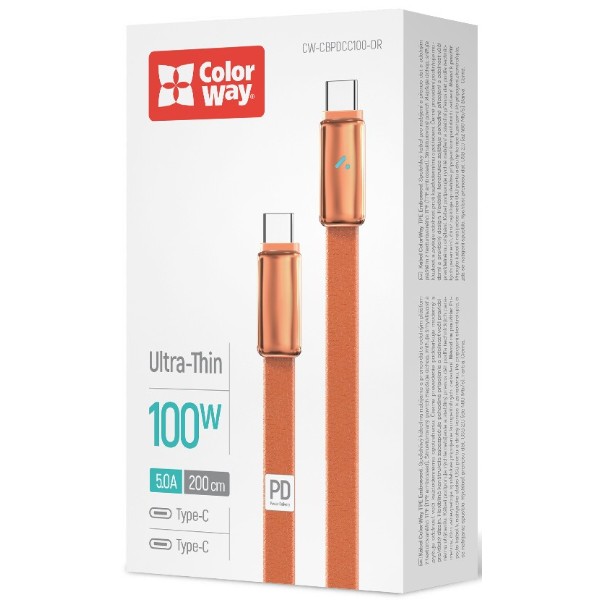 Фото - Кабель Colorway Type-C - Type-C (ultra-thin) (PD Fast Charging 100W) 5А 1м Orange (CW-CBPDCC100-OR)